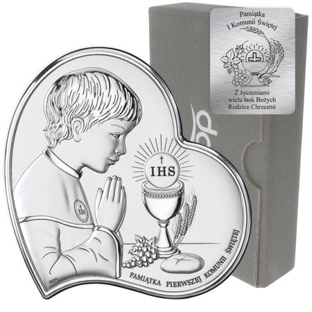 Obrazek Srebrny Pamiątka I Komunii dla chłopca Serce z podpisem DS03O